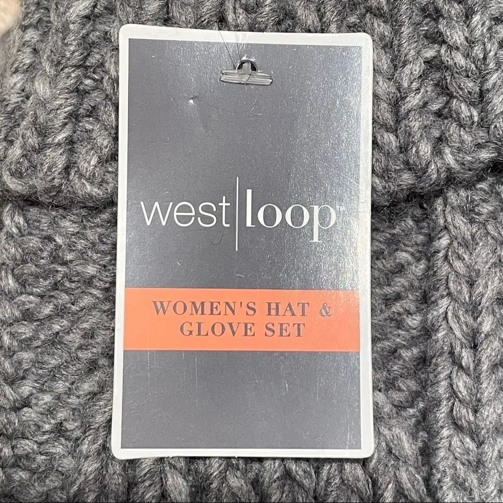 NWT West Loop Grey Beanie Pom Pom Hat & Gloves Gift Winter Set Cozy,Soft,Beautif
